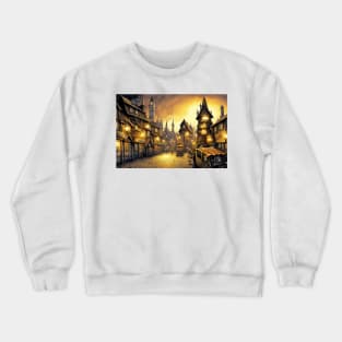 A brightly lit tudor village at night Crewneck Sweatshirt